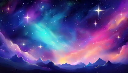 Fototapeta premium A vibrant cosmic landscape featuring swirling colors, distant mountains, and twinkling stars against a dreamy night sky.