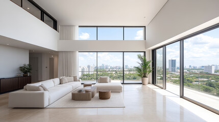 Fototapeta premium Luxurious penthouse with spacious glass walled living room, offering stunning city views