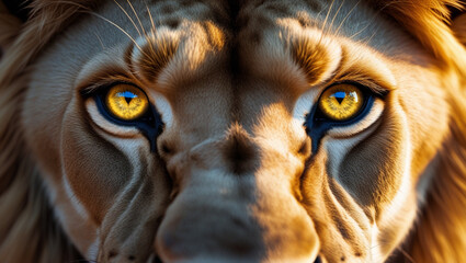 Hyper zoom on a lion's eyes, capturing every detail of its intense gaze