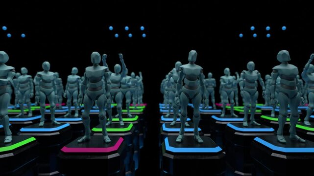 a group of humanoid robots on a reality show qualifying round, winners and losers