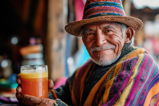 Old man sipping orange juice while reading newspaper at sunny kitchen table, golden light filtering through window. - Powered by Adobe