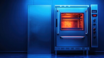 A professional kitchen microwave with a heavy-duty door, displayed on a modern navy blue background.