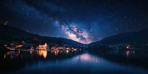Fototapeta premium Starry sky with the Milky Way stretching over a quiet coastal village at night. 
