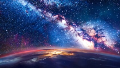 Fototapeta premium A stunning view of the Milky Way from above Earth, showcasing vibrant colors and countless stars against a cosmic backdrop.