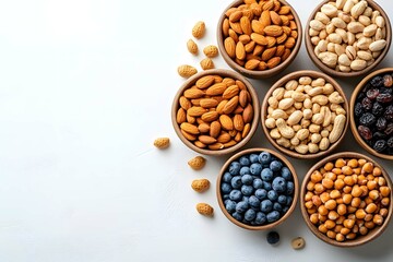 : Healthy mixed nuts and dried fruits in a bowl with seeds and beans for a nutritious snack