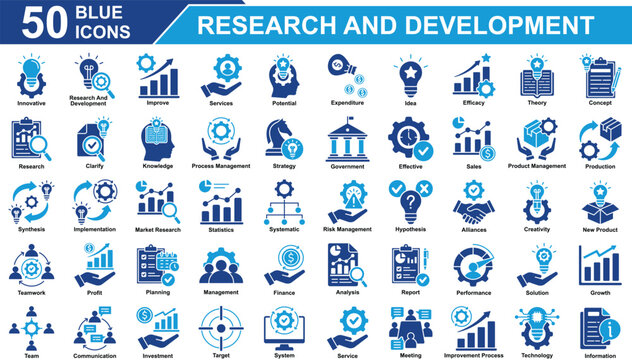 Research And Development Icon Set Collection. Containing Innovative, Research and development, Improve, Services, Potential, Expenditure, Idea, Efficacy, Theory. Simple Blue Vector Illustration.