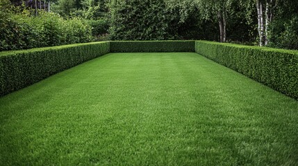 Freshly Pruned Hedge Surrounding a Lush Green Lawn in a Serene Outdoor Environment