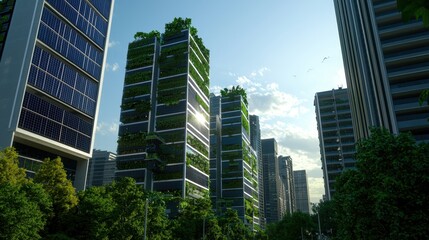 Futuristic Cityscape with Towering Skyscrapers Surrounded by Greenery and Solar Panels