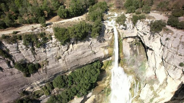 Aerial views of the waterfall of Sallent in the spanish pyrenees after the heavy rains