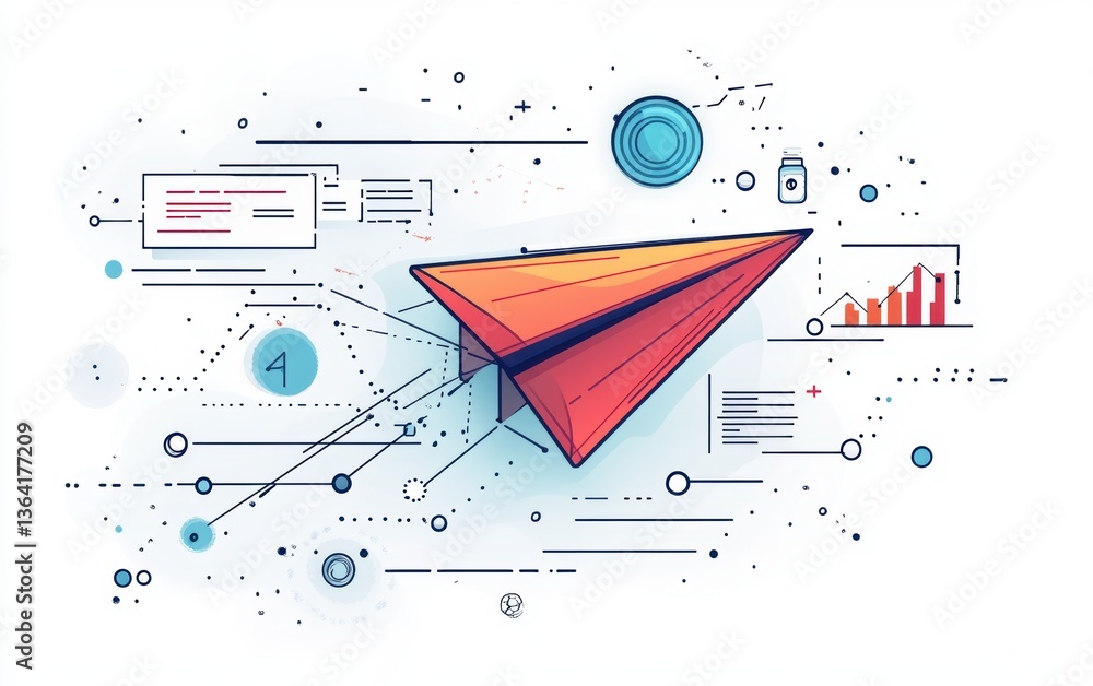 Poster colorful paper airplane soaring through a digital abstract environment with arrows and graphs