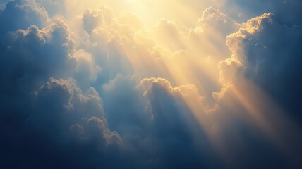 Golden Sunbeams Piercing Through Blue Sky and Cumulus Clouds