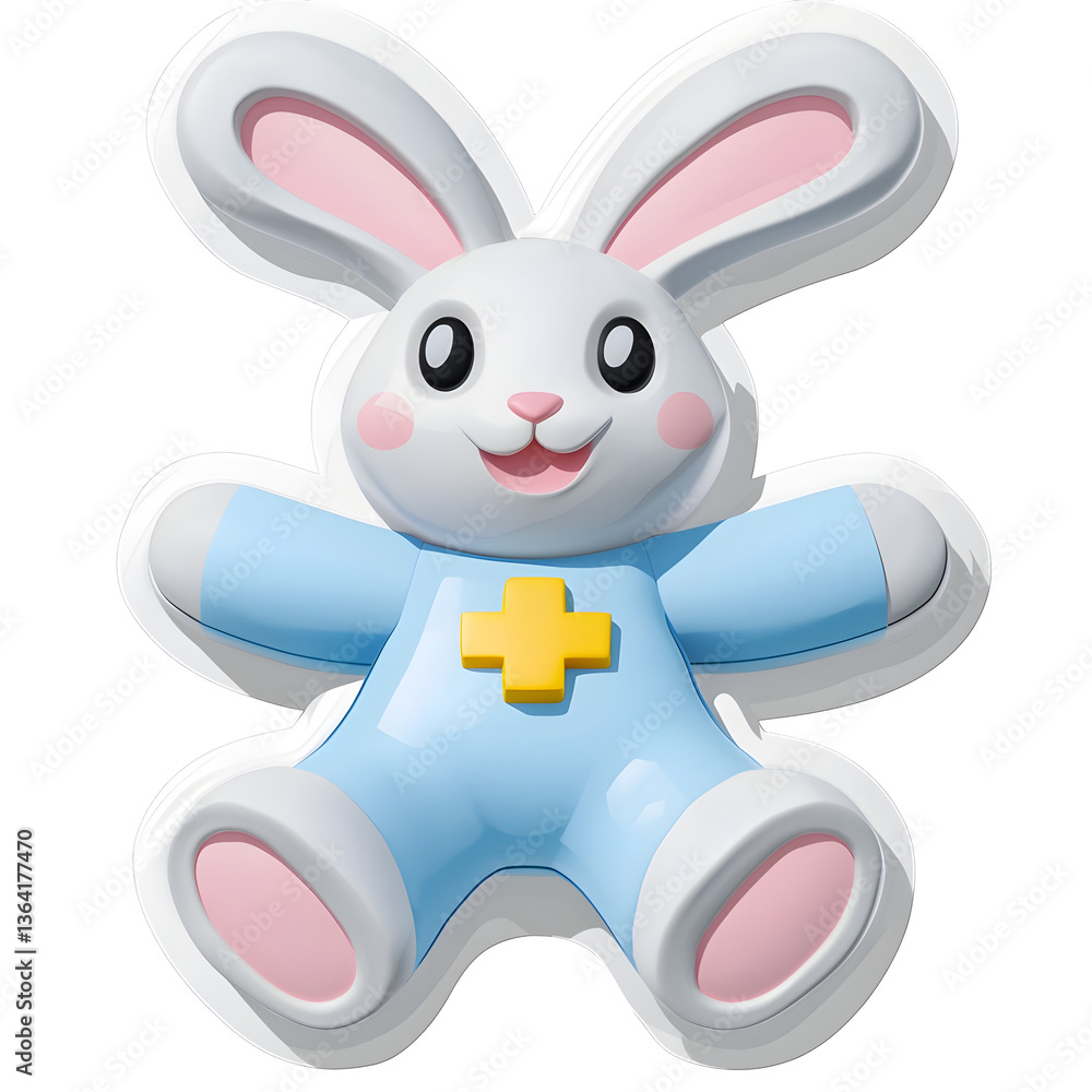 Poster cheerful plush rabbit character wearing a blue nurse uniform in a simple modern with a transparent b
