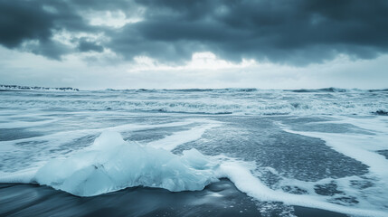 Rising waves meet cracked ice under a stormy sky, a stark reminder of sea level urgency.
