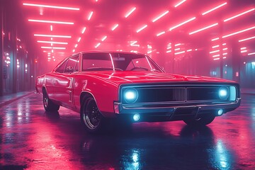 Vintage car on the road at night.