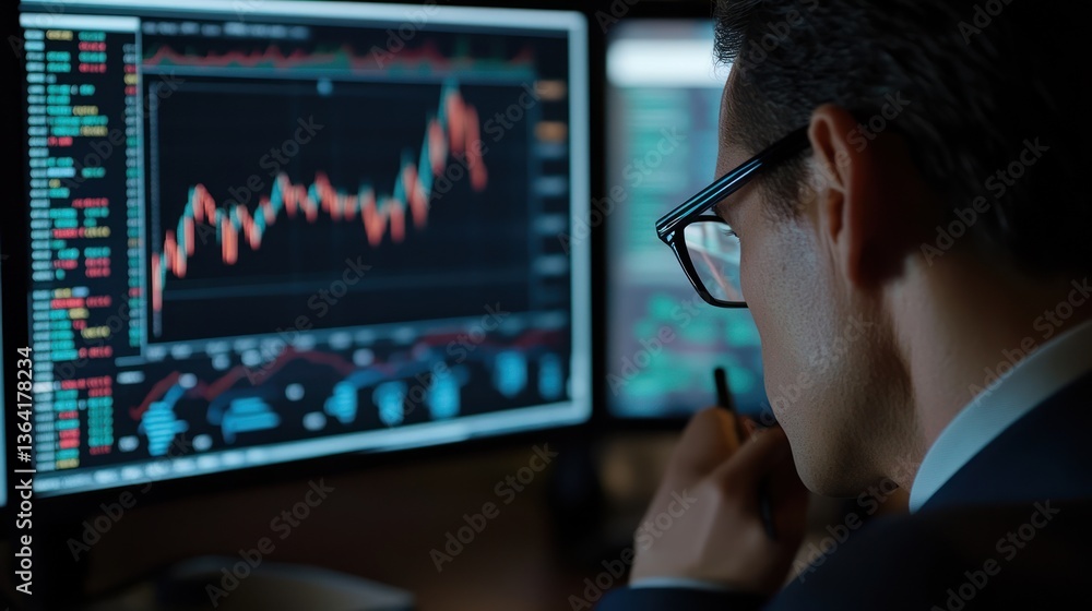 Poster a man in a suit viewing stock market charts on dual computer screens for analysis and finance work