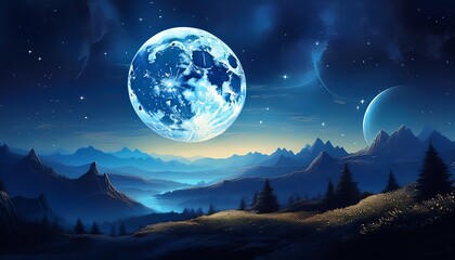 A serene night scene featuring a large blue moon illuminating a mountainous landscape, surrounded by stars and distant planets.