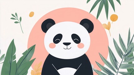 Cute Panda Illustration with Tropical Leaves, and Cartoon Animal.