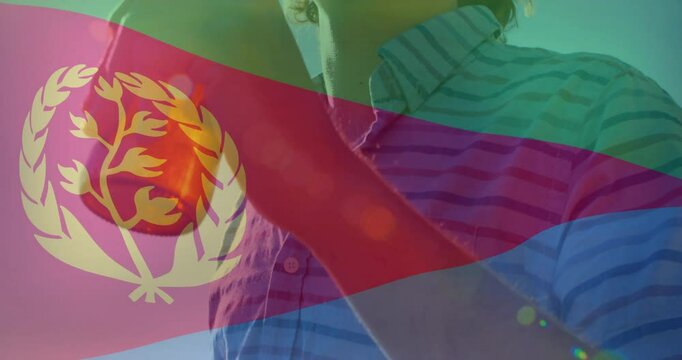 Drinking from bottle, person with animation of Eritrean flag colors and emblem