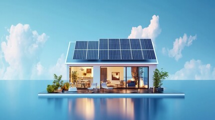 Solar-powered floating home, ocean sunset, sustainable living