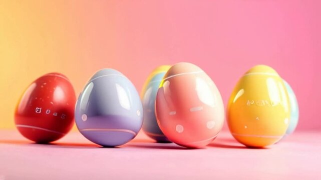 A vibrant 3D animation of colorful easter eggs rolling across a pastel background, with smooth cinematic lighting