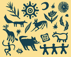 Ethnic animal and botanical nature shape pattern african tribe primitif textile silhouette motif layout pattern editable