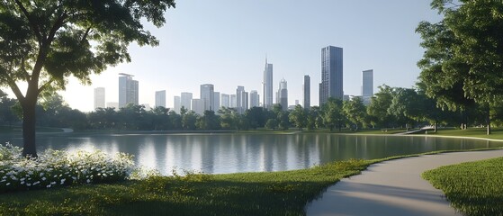 A serene urban park setting with a winding path along a calm lake surrounded by lush greenery and a modern skyline of skyscrapers under a clear contemporary lighting