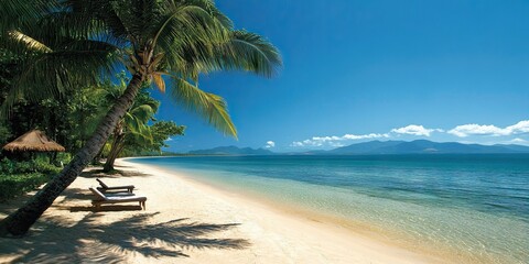 Obraz premium Tranquil shoreline with coconut palms framing a secluded stretch of white sandy beach and crystal-clear sea. 