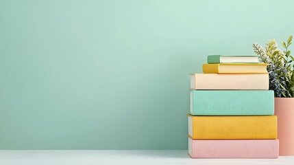Fototapeta premium Pastel Colored Books Stacked Against Light Green Wall With Potted Plant