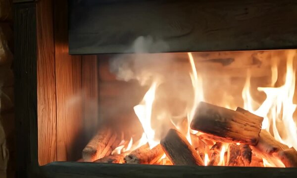 A stove with a fire inside of it with smoke coming out of it