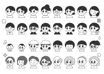 人々の困り顔・怒り顔の表情アイコンイラストセット（黒）