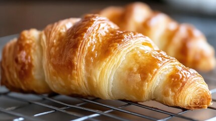 Freshly baked croissants on a wire rack. Golden-brown, flaky pastries,  close-up