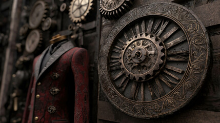 Fototapeta premium Vintage Steampunk Wall with Intricate Gears and Elegant Clothing Displaying Unique Style