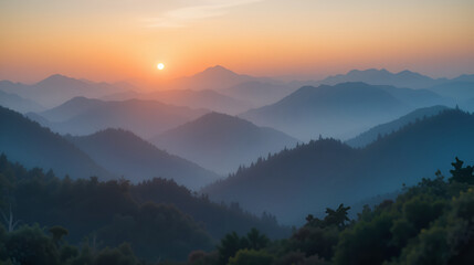 Fototapeta premium A serene landscape captures a blurred sunrise over distant mountains, evoking tranquility and peace, Ideal for backgrounds in wellness projects, nature-themed designs, or motivational content,