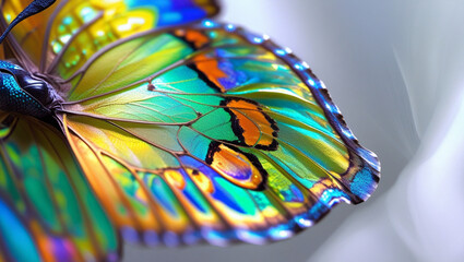 Close-up hyper zoom of a butterfly&rsquo;s wings, showcasing intricate patterns and colors