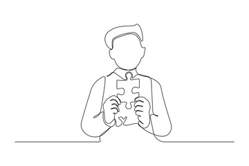 Boy holding autism puzzle piece continuous line drawing.  Autism Awareness Month theme background.