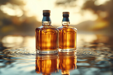 Two bottles of whiskey on a table, surrounded by a collection of crystal glasses and a dimly lit background creating a warm and inviting ambiance.