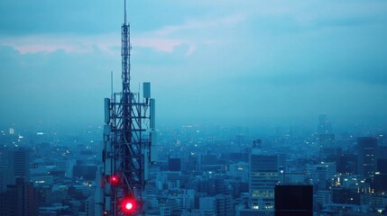 A 5G communication tower in an urban setting, cityscape with high-tech connectivity infrastructure and real-time data on mobile networks, High-tech style
