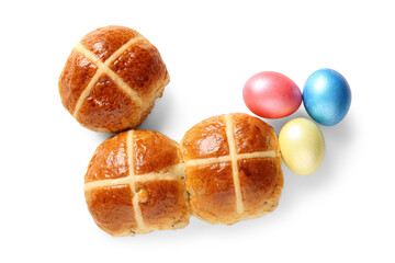 Easter cross buns with eggs on white background