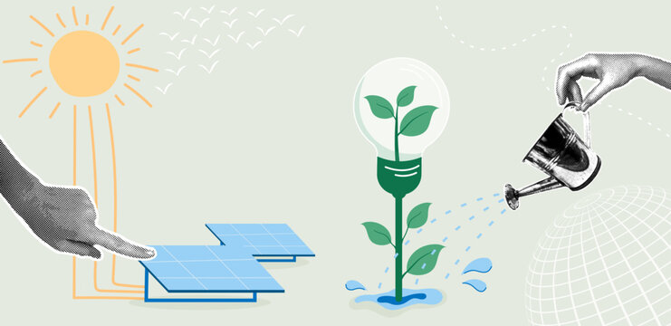 Trendy halftone collage. Renewable energy and sustainable growth concept,sustainable business,clean energy,ESG environmental social governance,safe planet concept.