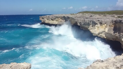 Obraz premium Ocean Waves Crashing on a Rocky Coastline
