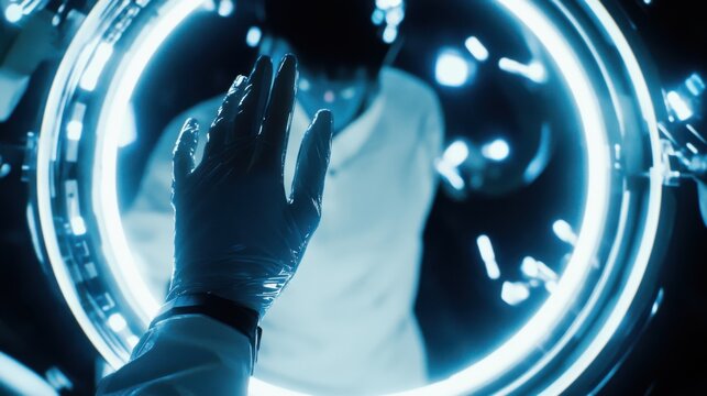 A biohacker testing human enhancement devices, sleek laboratory with futuristic biotech tools and human interfaces, High-tech style