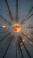 A charming orange full  moon with pines.