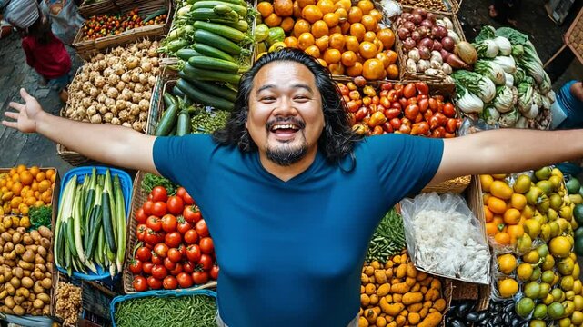 A Culinary Paradise: A cheerful individual radiates joy, framed by a cornucopia of fresh produce and vegetables at a vibrant outdoor market