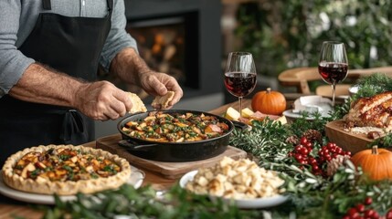 Obraz premium Generations gather around a festive table, rolling pie crusts and filling ramekins with spiced apple and pumpkin