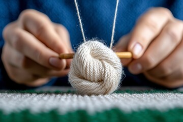 Close up of Hands Knitting with Wooden Needles and Off White Yarn