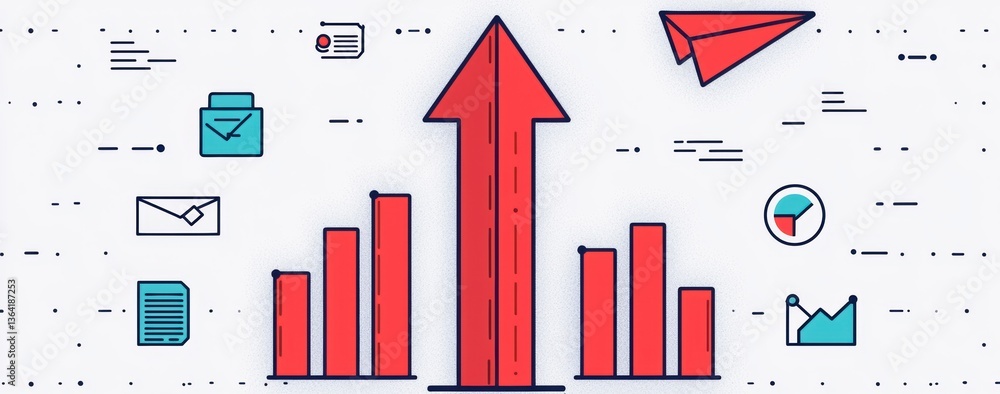 Poster illustration of upward growth with graph bars and paper airplanes symbolizing data analysis and inno