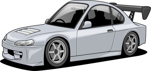 A vector illustration of a modified sports car featuring a prominent rear spoiler, intricate rims, and a streamlined silhouette that exudes dynamic elegance © GalihSundoro