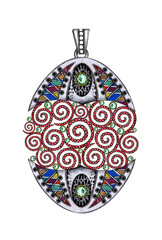 Jewelry design vintage art pendant set with gems and enamel hand drawing.