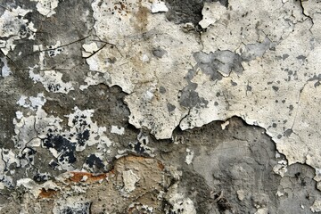Cracked and peeling wall texture in shades of gray, showcasing an aged and weathered appearance with various surface imperfections.
