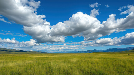 Obraz premium Expansive Green Grassland Under Blue Sky with Fluffy White Clouds and Distant Mountains